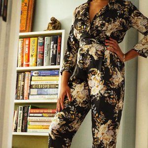 BOOHOO Tall Black Floral Belted Jumpsuit